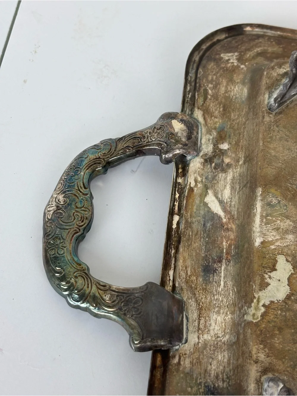 Vintage Ornate Decorative Serving Tray in Distressed Silver Tone
